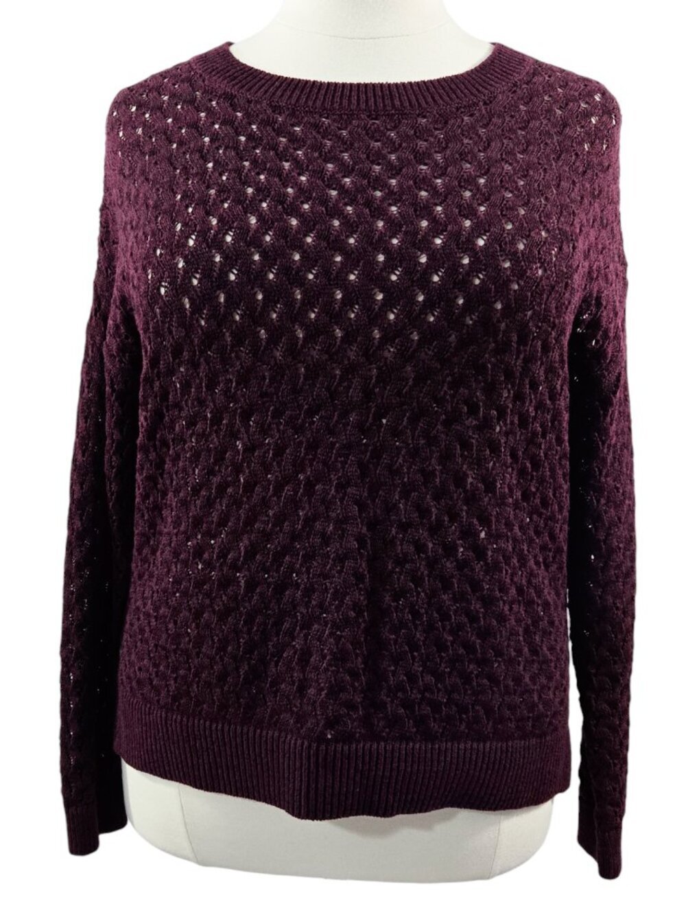 LOFT NWT Dark Burgundy Open Knit Drop Shoulder Sweater Hi Lo Hem Beachy
